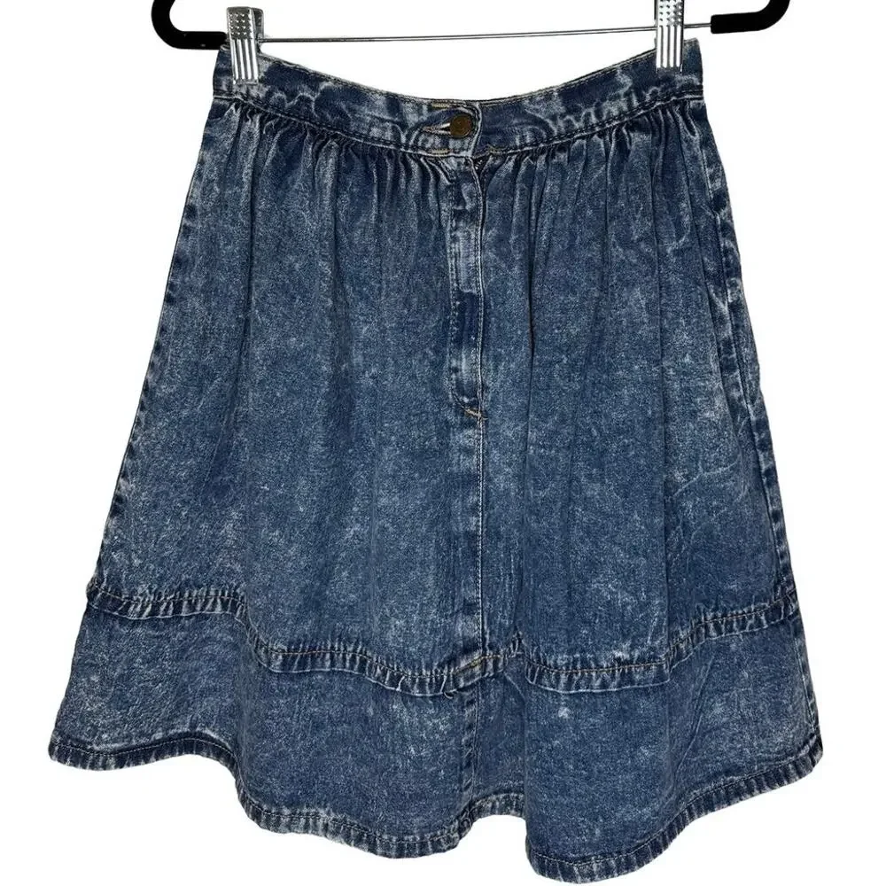 Vintage Women's Zena Blue Acid Wash Pleated A Line Mini Skirt 80s 90s Western XS